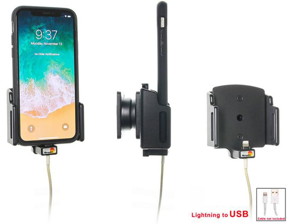 Uchwyt regulowany do Apple iPhone Xs w futerale lub obudowie o wymiarach: 70-83 mm (szer.), 2-10 mm (grubość) z możliwością wpięcia kabla lightning USB