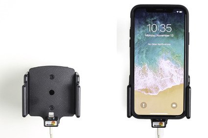 Uchwyt regulowany do Apple iPhone Xr w futerale lub obudowie o wymiarach: 70-83 mm (szer.), 2-10 mm (grubość) z możliwością wpięcia kabla lightning USB