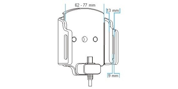 Uchwyt uniwersalny aktywny do instalacji na stałe do smartfonów bez futerału oraz w futerale lub etui o wymiarach: 62-77 mm (szer.), 9-13 mm (grubość)